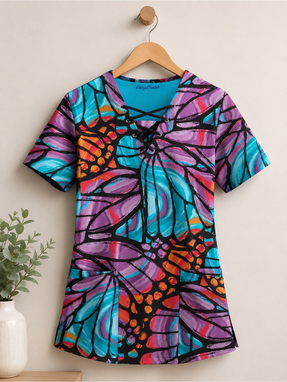Easy STRETCH Onyx Butterflies Women's 4-Pocket Lace Up Print Scrub Top- Medium